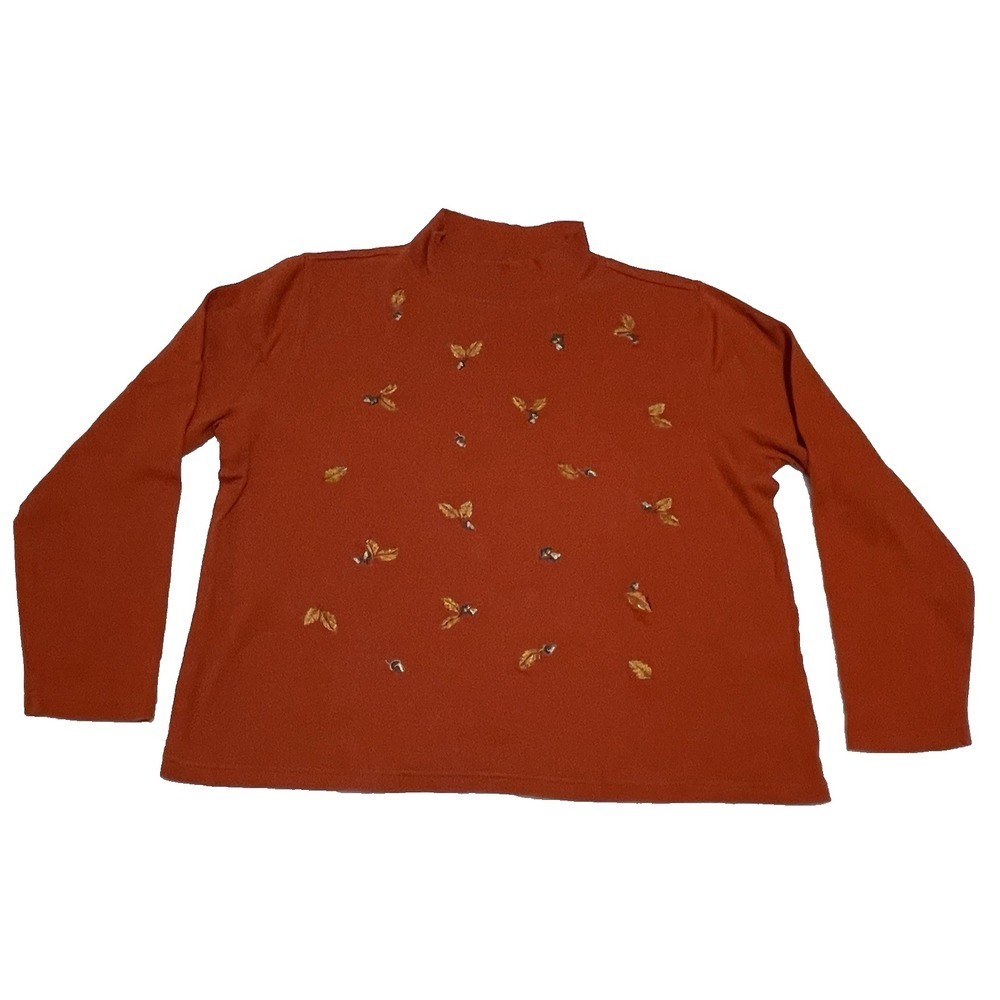 Embroidered Mock Turtle Neck Womens Petite Large Fall Acorn Leaves